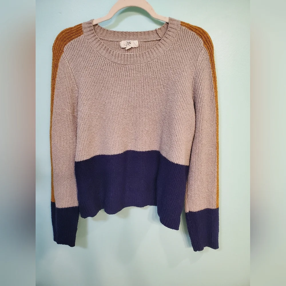 Pinque Women Knit CREWNECK PULLOEVER Sweater color Block Cardigan Large